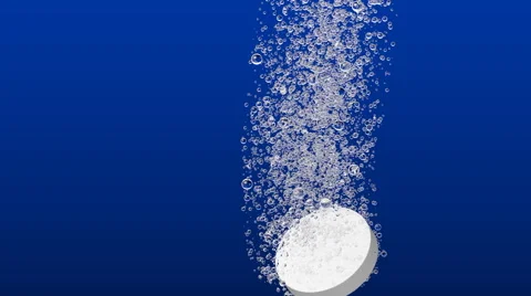 Tablet falls in liquid and allocates bleb to  blue background Vídeo Stock 60705220