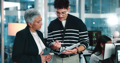Tablet, feedback and businessman with manager in office for review on website Stock Footage 309070317