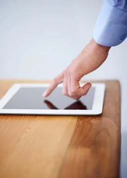 Tablet, finger and pointing for interactive screen, mockup and technology for Stock Photos