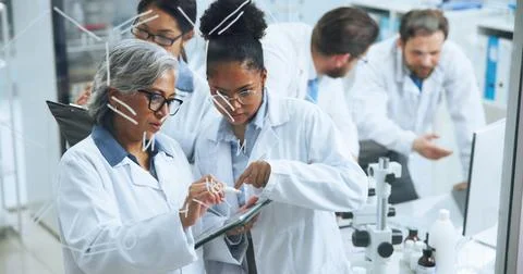Tablet, formula and team with people in lab for chemical structure, medical.. Stock Photos