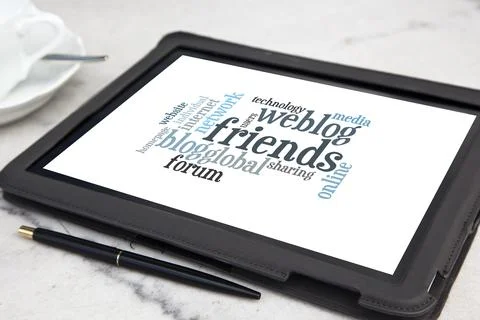 Tablet with friends word cloud Stock Photos