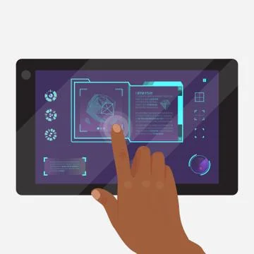 Tablet with futuristic game or application vector illustration. Doing researches 스톡 일러스트