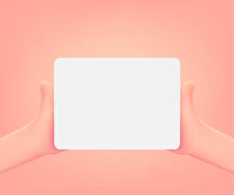 Tablet gadget with blank screen in comic hands. 3d vector mockup Stock Illustration