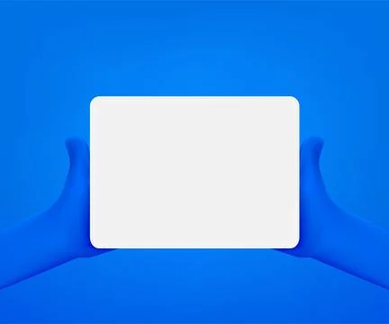 Tablet gadget with blank screen in comic hands. 3d vector mockup Illustrazione stock