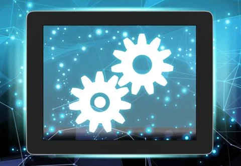 Tablet with gears on abstract background communications network Stock Illustration