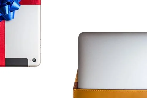Tablet for gift and Portable computer in a leather cover case Stock Photos