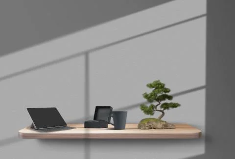 Tablet, gift box, cup and bonsai tree on a wooden shelf, suspended from the gray Ilustração Stock