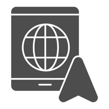 Tablet with globe and navigation pointer solid icon, Navigation concept, GPS Stock Illustration