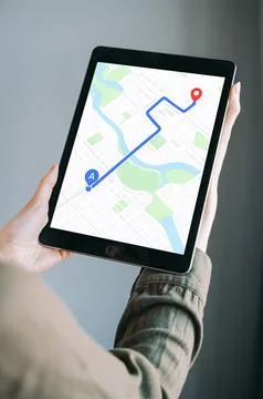 Tablet GPS Navigation Map with Route and Location Pin Stock Photos