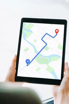 Tablet GPS Navigation Map with Route and Location Pin Stock Photos