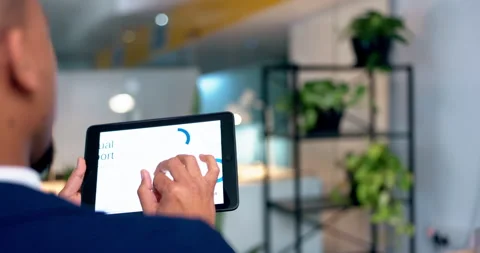 Tablet, graph and hands of business person scroll for data analysis, financial Stock Footage 249725946