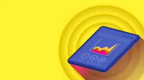 Tablet with graph on a blue screen with yellow background. Illustration. Stock Illustration