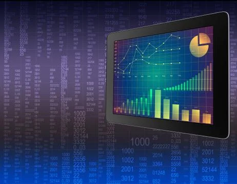 Tablet with graphs disposition on the abstract background numbers Illustrazione stock