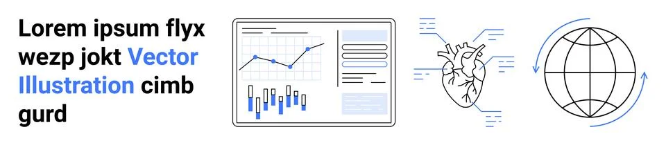 Tablet with graphs, labeled heart diagram, globe with arrows. Ideal for data  Illustrazione stock