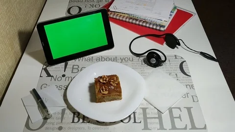 Tablet with green screen in cafe and served coffee Stock Footage 103139405