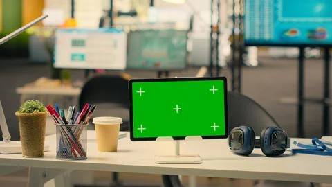 Tablet green screen, empty workstation desk, corporate space and office tools Stock Photos
