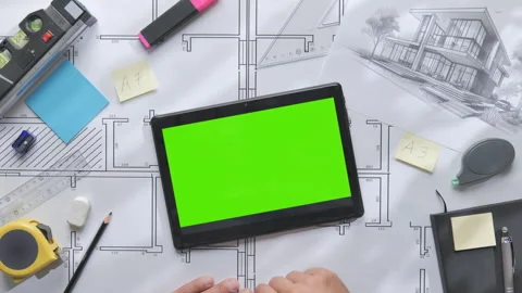 Tablet green screen on house designer desk Stock Footage 318786757