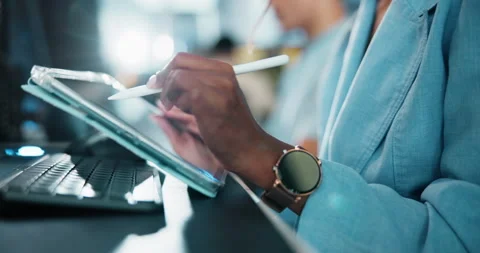 Tablet, hand and coding with person and stylus for gaming developer, programmer Stock Footage 309048834