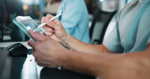 Tablet, hand and developer with person and stylus for gaming programmer, code Stock Footage 309053049