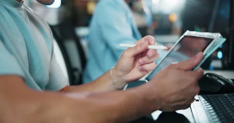 Tablet, hand and programmer with person and stylus for gaming developer, code Stock Footage 309048024