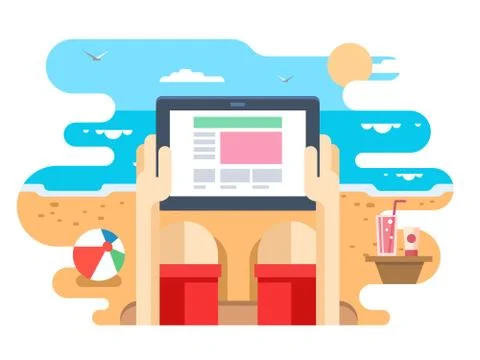 Tablet in hand on beach sea Stock Illustration
