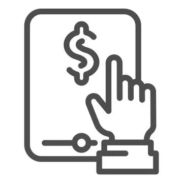Tablet with hand line icon. Dollar on tablet vector illustration isolated on Stock Illustration