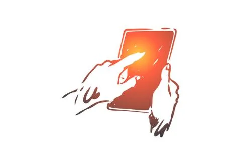 Tablet, hand, screen, finger, touch concept. Hand drawn isolated vector. Illustrazione stock
