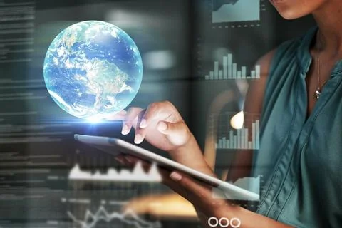 Tablet, hands and globe hologram with analytics, graph and future technology Stock Photos