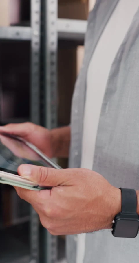 Tablet, hands and man in office with boxes for delivery, logistics and ecommerce Stock Footage 332321569
