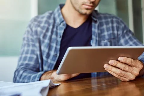 Tablet, hands and man with web design for remote work, online project and r.. Stock Photos