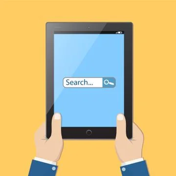 Tablet in the hands and search on tablet screen, stock vector illustration Stock Illustration