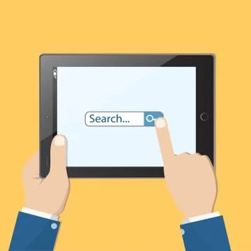 Tablet in the hands and search on tablet screen, stock vector illustration Stock Illustration