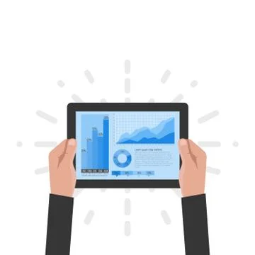 The tablet in the hands of a businessman with statistical data presented in.. Stock Illustration