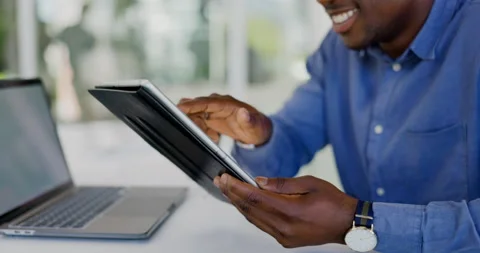 Tablet, hands scroll and happy man review of data analysis, social media Stock Footage 235974816