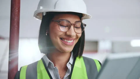 Tablet, happy and construction worker on site with project for remodeling Stock Footage 341546457
