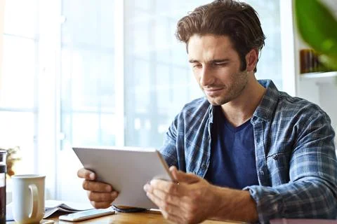 Tablet, happy and man with web design for remote work, online project and r.. Stock Photos