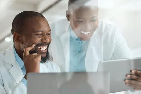Tablet, happy and scientist with teamwork for research, test results and di.. Stock Photos