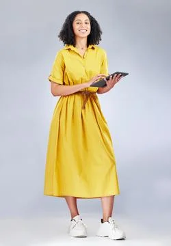 Tablet, happy portrait and studio woman, designer or person with online Stock Photos
