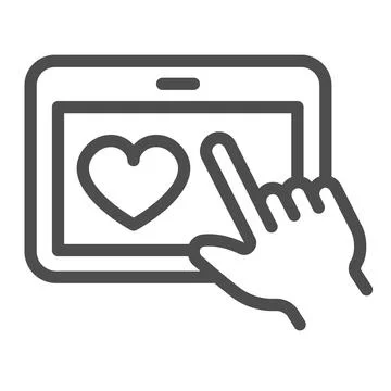 Tablet with heart and hand pointer line icon, dating concept, datig app vector Stock Illustration