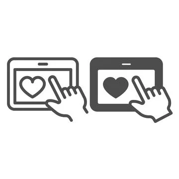 Tablet with heart and hand pointer line and solid icon, dating concept, datig Stock Illustration