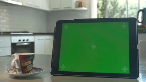 Tablet held by hands Green screen Chroma Key Close up Tracking motion Coffee 4K 스톡 동영상 82172242
