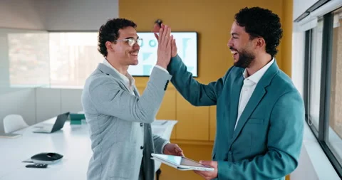 Tablet, high five and business people with data analysis, growth or success for Stock Footage 335506402