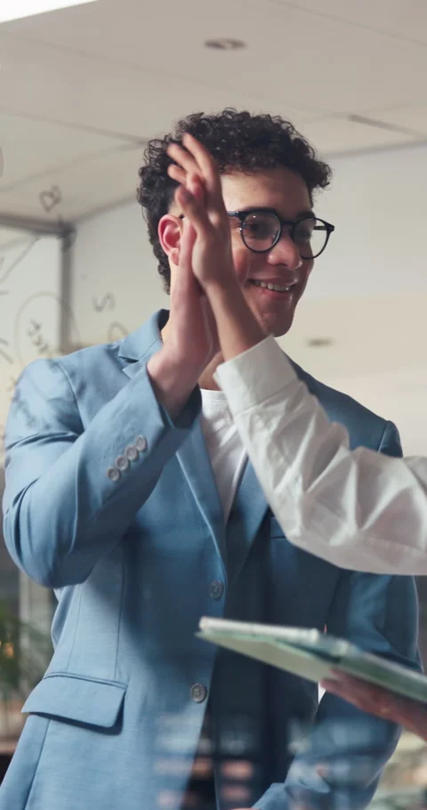 Tablet, high five and glass with business man in office for brainstorming, Stock Footage 319544178