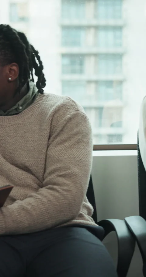 Tablet, hiring or people in waiting room with smile, resume tips or application Stock Footage 341099190