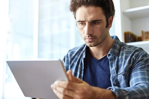 Tablet, home and man with web design for remote work, online project and re.. Stock Photos
