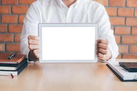 Tablet horizontal screen mockup, Image of Young man holding digital tablet sh Stock Photos