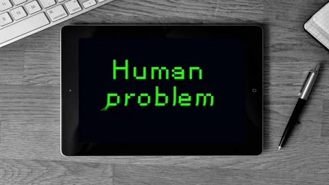 TABLET with HUMAN PROBLEM text, green pixel font, retro waves interferences Stock Footage 119296087