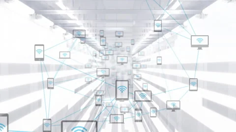 Tablet icon being animated in futuristic corridor, with interconnected device Stock Footage 307464458