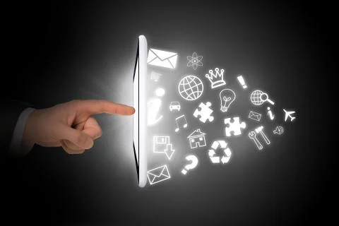 Tablet with icons and pointer finger Foto stock