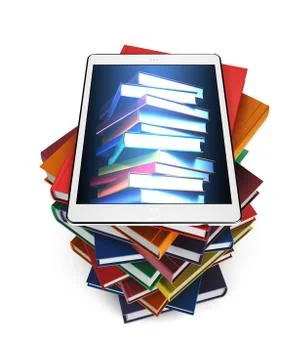 Tablet with the image of books on a stack of books isolated on white Stock Illustration